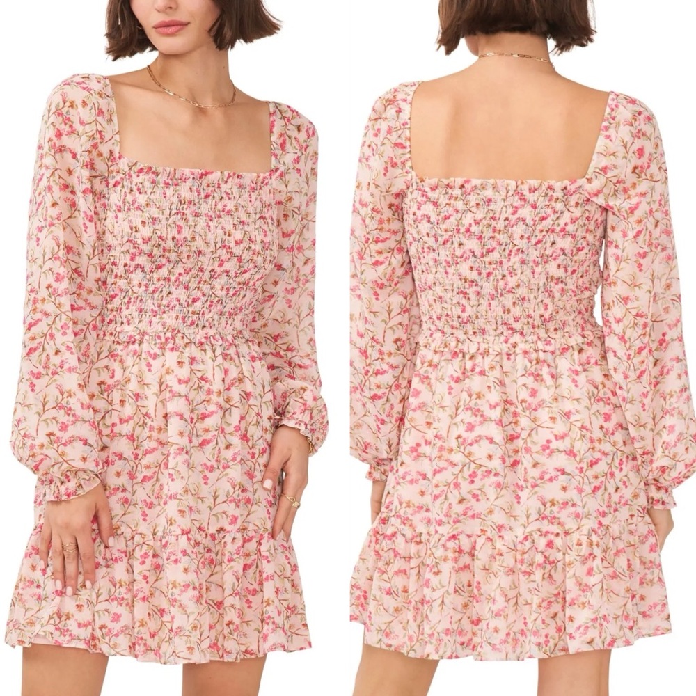 1.State Smocked Floral Long Sleeve Dress